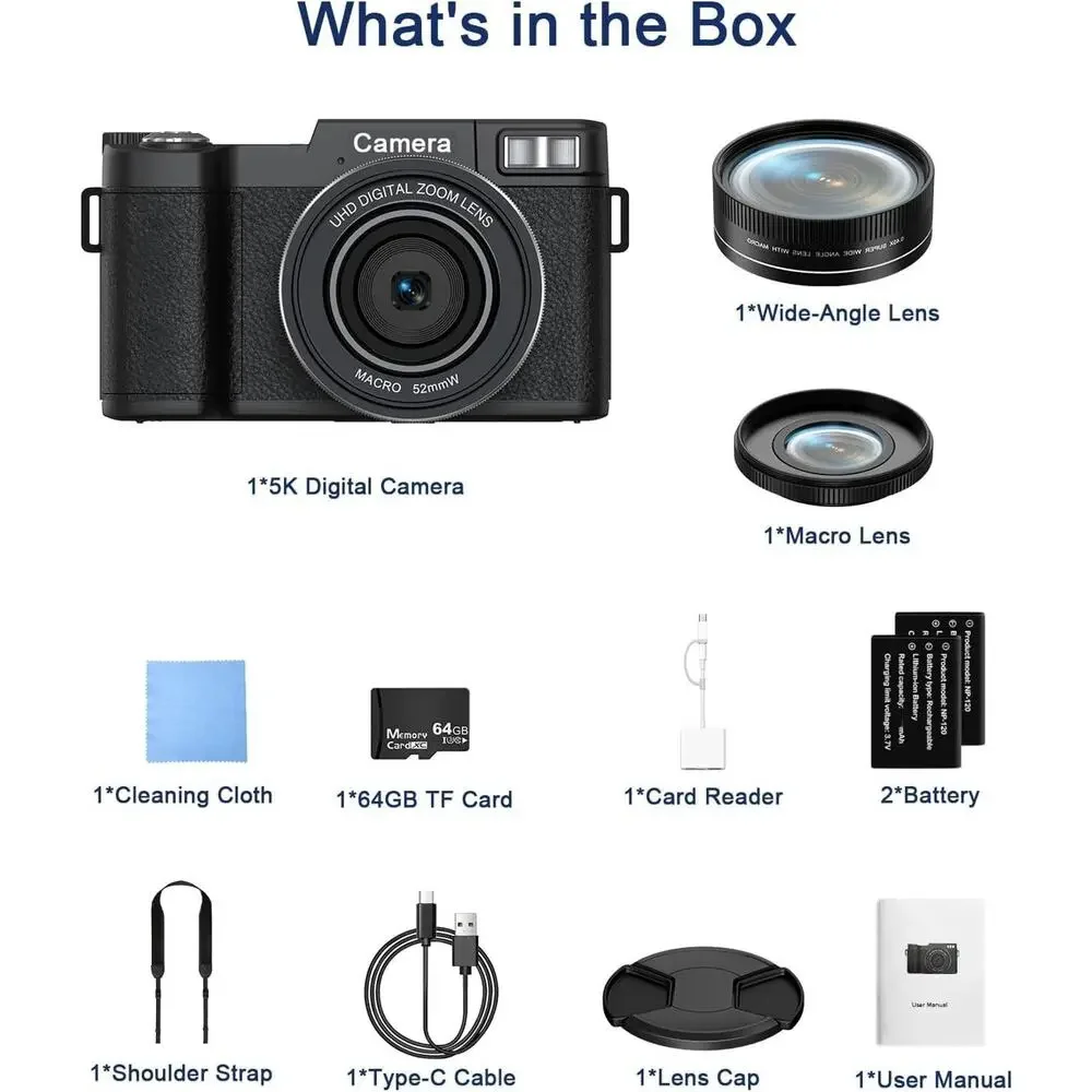 Digital Camera, 5K 64MP Cameras for Photography with WiFi, 64GB Card & Autofocus